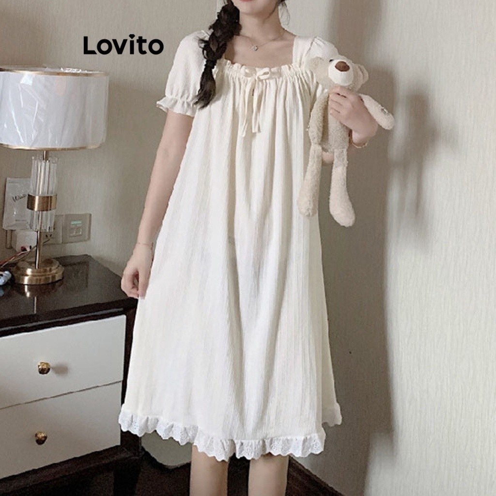 Lovito Váy Ngủ Có Dây Buộc Đơn Giản Cho Nữ LNA34126 (Màu Trắng Ngà)
