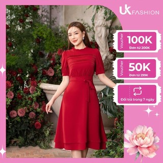 Đầm Xòe UK FASHION Thiết Kế Cổ Nhún Tay Bồng Nữ Tính Chất Vải Nhập Hàn Dày Dặn Cao Cấp NKDV2302003