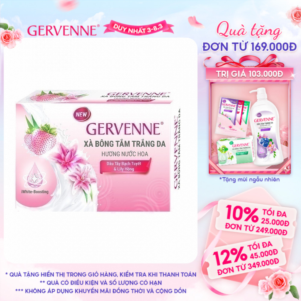 Xà bông tắm trắng da hương nước hoa Gervenne Dâu Tây Bạch Tuyết & Lily Hồng 90gr