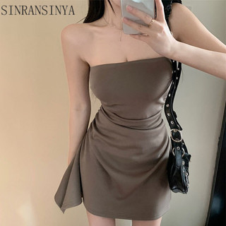 Sinransinya Váy cổ không tay mùa hè cay bé gái thiết kế mỏng cảm giác màu trơn váy nữ cỡ lớn váy ngắn váy hông đơn giản