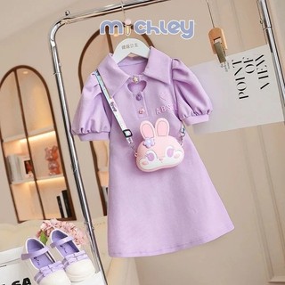 Momchoose váy bé gái mùa hè phong cách mới trẻ em phong cách polo puff tay váy bé gái váy chữ a