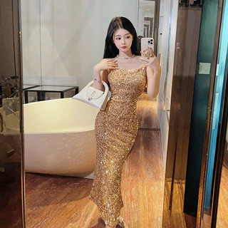 Váy treo Váy nữ Váy đuôi cá đính sequin Cảm giác cao cấp hẹp ~ Đầm nhung mông gợi cảm Q5GG