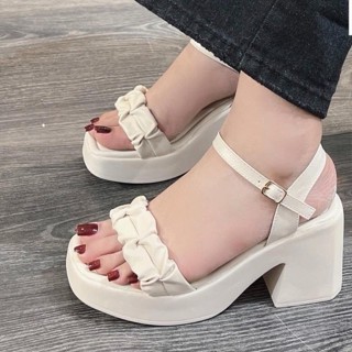 Giày Sandan quai ngang nhíu da mềm đế PU cao 8cm