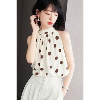 Bắn thật#挂脖背心女夏季法式气质波点小衫复古雪纺衫露肩无袖上衣 Wg2i