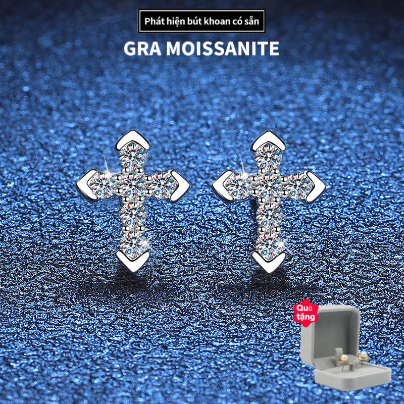 Bông tai kim cương Moissanite s925 Bạc Nữ Full Kim cương Moissanite Cross 36 điểm Bông tai Moissanite Món quà trang sức cho bạn gái Sinh nhật Hộp quà tặng ngày lễ tình nhân