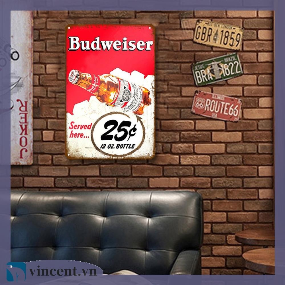 [Vincent.vn] Đĩa kim loại cổ điển Budweiser Bia hình chữ nhật Tranh sắt trang trí tường 20x30cm