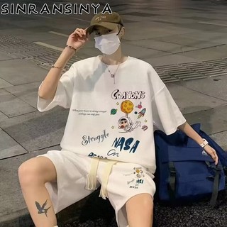 Sinransinya Bộ nam mới của Mỹ retro đường phố haute couture bánh quế bút chì nhỏ thiết kế mới cảm giác áo thun ngắn tay thể thao cặp đôi capris