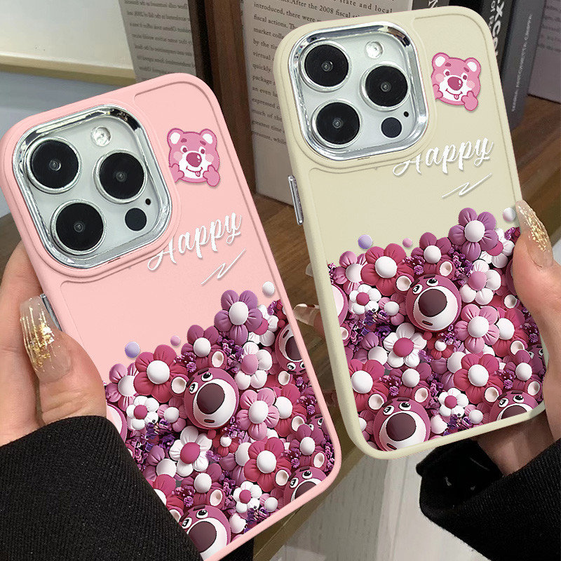 Ốp Điện Thoại Happy Pink Bear Dễ Thương Tương Thích Cho IPhone 11 12 13 Pro 14 15 7 8 Plus SE 2020 XR X XS Max Ống Kính Kim Loại Khung Lỗ Lớn Vỏ Chống Sốc