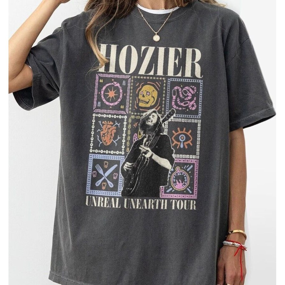 2024 bánh quế cho bạn bè Vintage Hozier Unreal Unearth Tour Áo sơ mi, Áo sơ mi ca sĩ Hozier cổ điển,