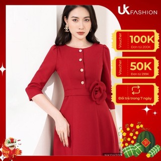 Đầm Xòe Cổ Tròn Tay Lỡ UK FASHION Đính Hoa Eo Nhã Nhặn Chất Vải Nhập Hàn Không Nhăn Xù NKDV2211001