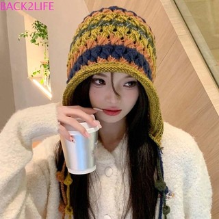 Back2life rainbow dệt kim beanie, windbreak sọc tua rua ball mũ dệt kim, ấm áp ngọt ngào bảo vệ tai mùa đông bomber mũ dạo phố