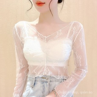 Phong Cách Mới Rỗng Dài Tay Trong Suốt Mỏng Áo Ngắn Cổ Tích Sling Váy Với Nữ Gạc Ren Đáy Áo Sơ Mi Lưới Gạc BƠM