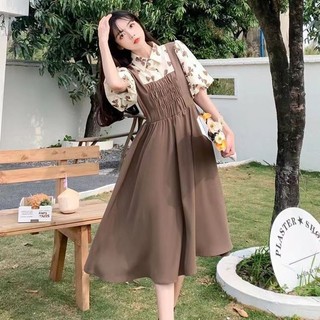 2024 Váy Nhỏ Sang Trọng Mùa Hè Giả Hai Mảnh Niche Over-the-Knee Váy Dài Cổ Áo polo Tay Phồng Phong Cách Mori Đầm Phong Cách Nhẹ Nhàng