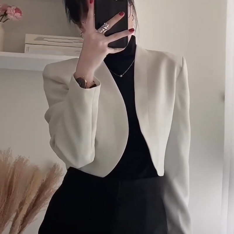 Áo khoác vest blazer croptop vạt bầu dài tay hai lớp dáng ngắn lửng có đệm vai chất ruby màu đen trắng sang trọng ASM31