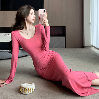 2024 Phong Cách Mới Pure Desire Gợi Cảm Cổ Chữ U Dài Tay Đầm Nữ Slim-Fit Ôm Hơn Nhìn Nhăn Tay Dài