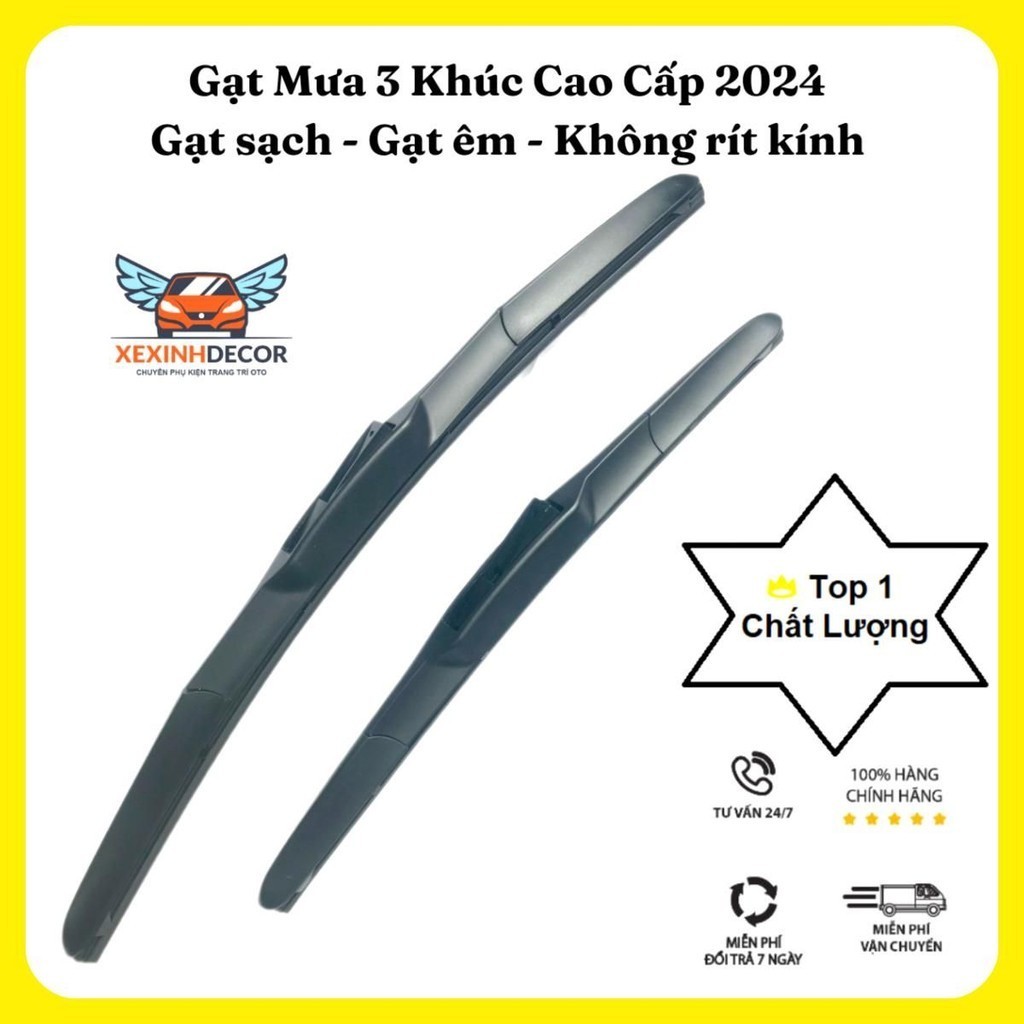 Gạt Mưa Ô Tô 3 Khúc Cao Cấp - Chốt Móc U - Lưỡi Gạt Cao Su Tự Nhiên Bền, Sạch, Êm thế hệ mới