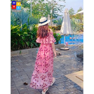 Đầm Maxi Trễ Vai Cao Cấp Freesize Hoa Hồng Phấn Siêu Ngọt Ngào ( Hàng thiết kế MAXI ĐẸP)