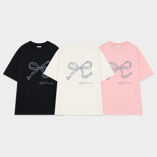 SELVZE Áo thun cotton nguyên chất in nơ tối giản cổ điển thời trang giản dị dáng rộng tay ngắn dành cho nữ