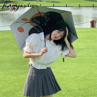 Áo sơ mi nữ tay ngắn TINGYAXIU, áo thun cổ búp bê ngắn tay màu trơn đơn giản và đa năng phong cách Hàn Quốc