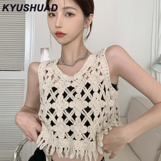 Kyushuad Áo vest tua rua rỗng phong cách mới dành cho nữ retro sang trọng ngắn tay không tay áo dệt kim để mặc bên ngoài