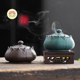 Lư xông trầm hoa sen xanh ngọc, lư trầm gốm cao cấp, lư đốt trầm hương