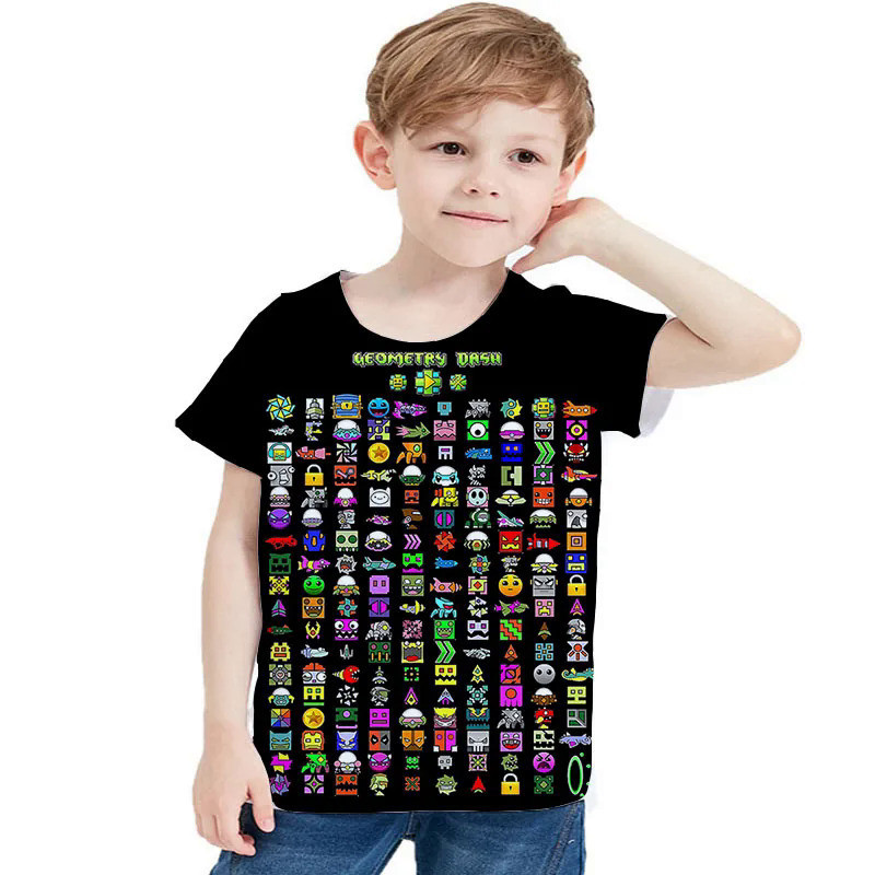 Trò Chơi Tức Giận Hình Học Dash Áo Trẻ Em Áo Thun Nữ Tay Ngắn Mùa Hè Bé Gái Cổ Tròn Áo Hình Học Dash
