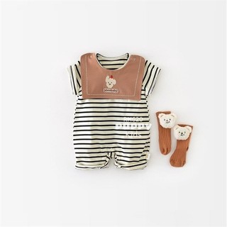 Bộ đồ liền thân dành cho em bé Set Romper kẻ + Yếm nâu.