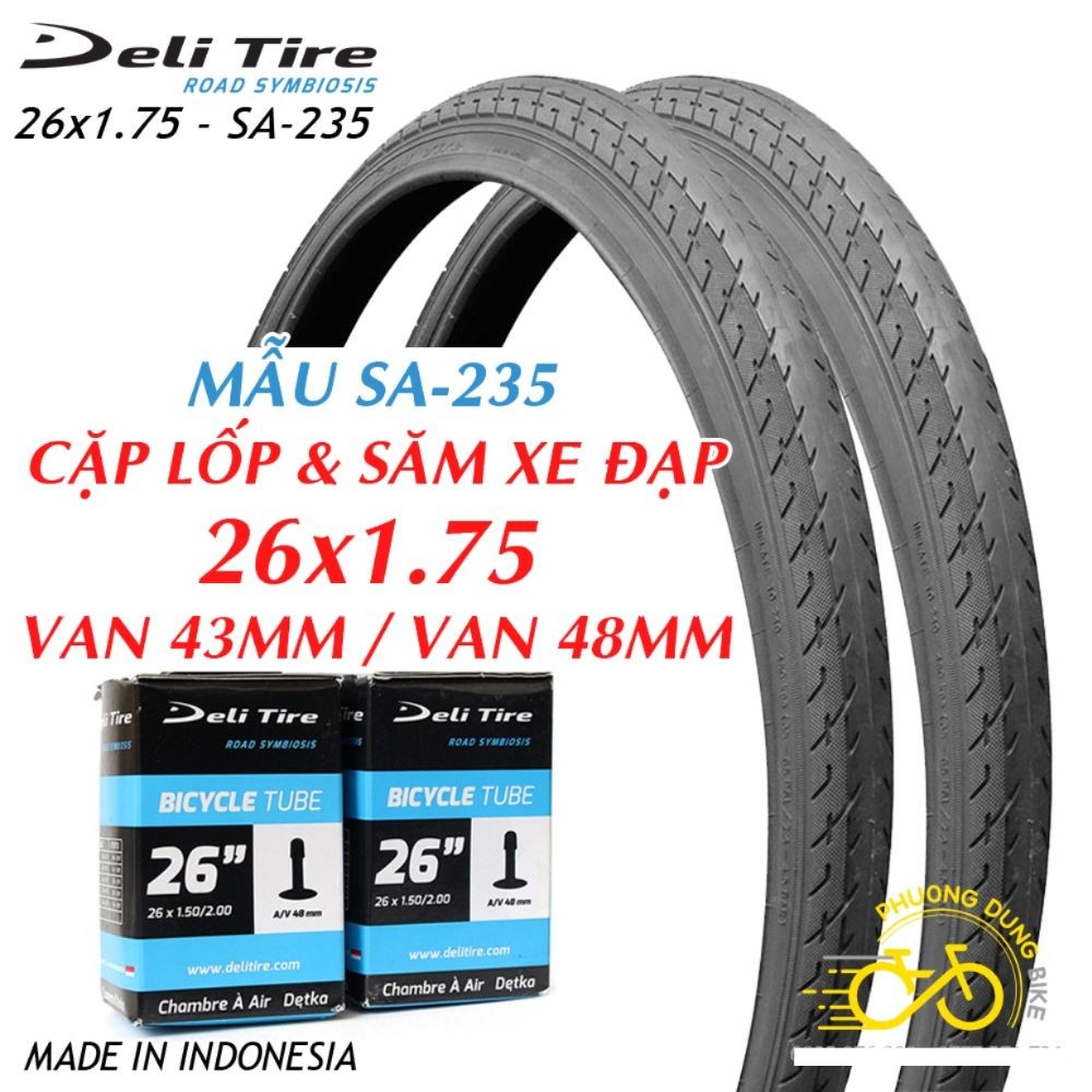 Cặp Lốp (vỏ) và Ruột (săm) xe đạp Deli Tire SA235 26x1.75
