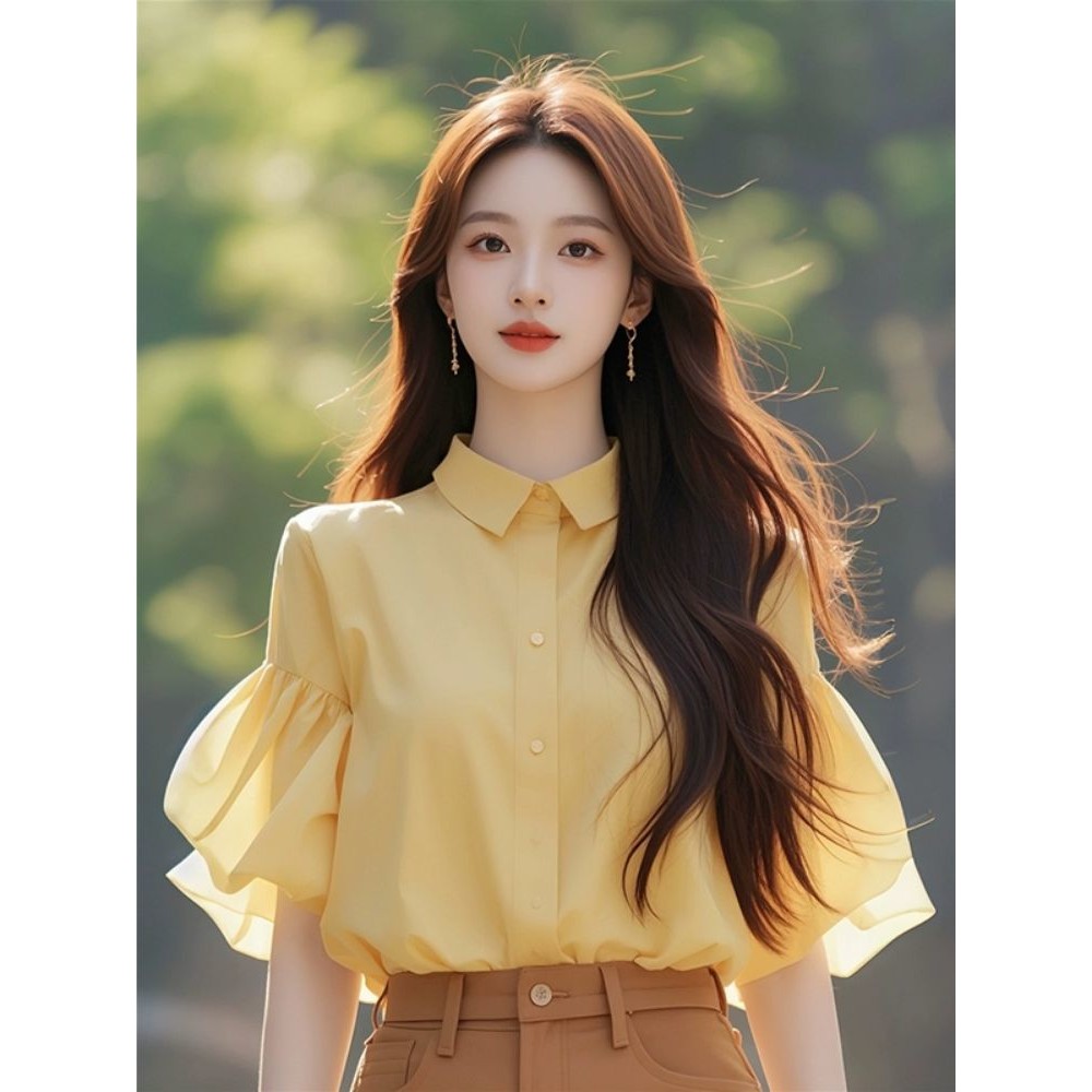 Áo sơ mi cổ cao màu vàng phong cách Pháp, thiết kế mùa hè cho phụ nữ, áo nhỏ đẹp độc đáo, áo tay ngắn giảm tuổi tác | BigBuy360 - bigbuy360.vn