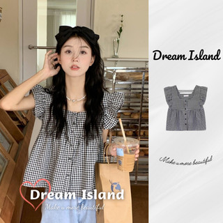 『Dream Island』Áo sơ mi tay ngắn kẻ sọc đen trắng tay phồng nhỏ cổ vuông croptop rộng rãi phong cách Hàn Quốc ngọt ngào tươi mới