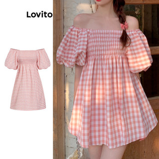 Đầm Lovito mặc 2 kiểu vải có thớ dệt tay phồng nhún chun kẻ caro dễ thương cho nữ L73AD131