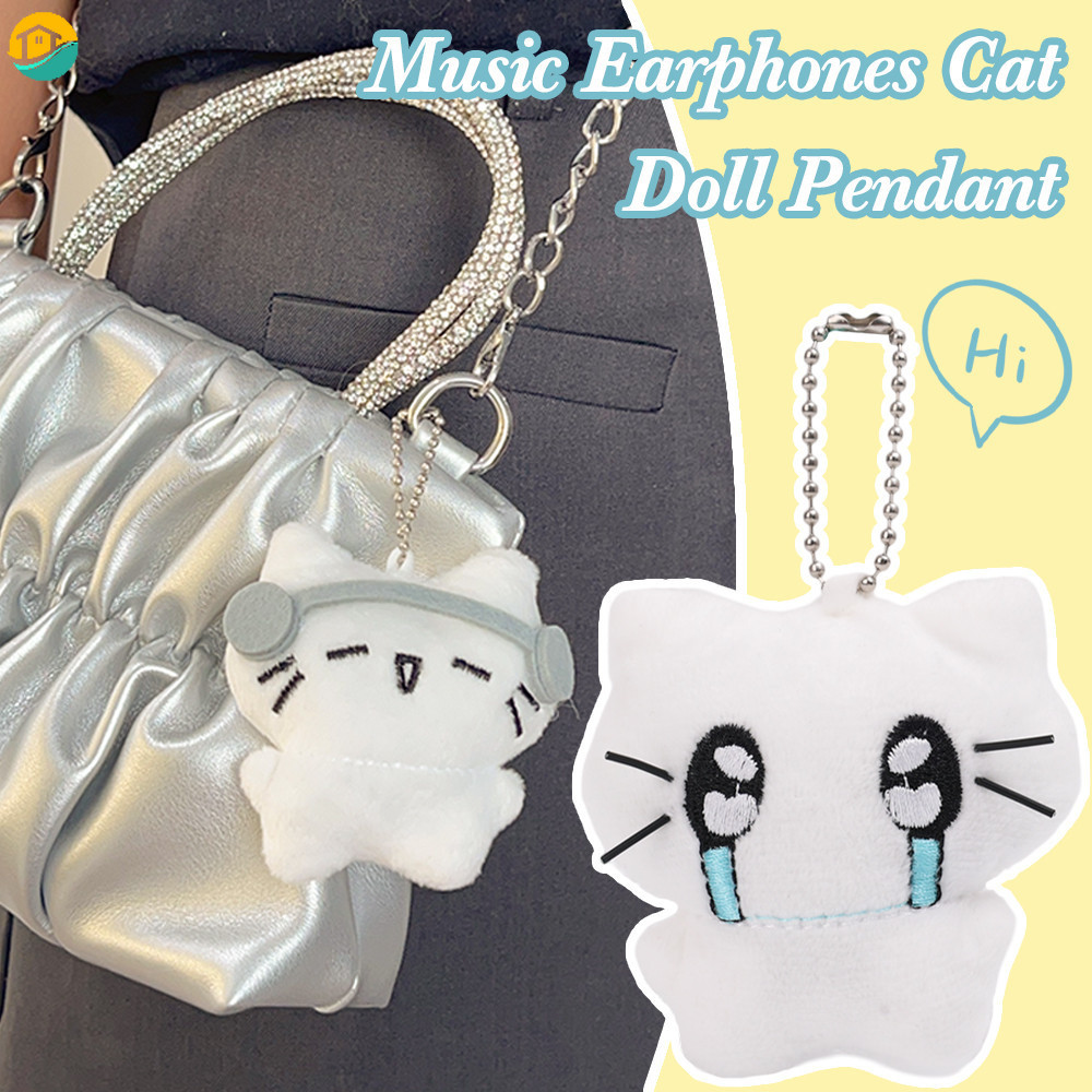 Music Headphones Cat Plush Keychain Cartoon Kitten Pendant Couple Backpack Decoration