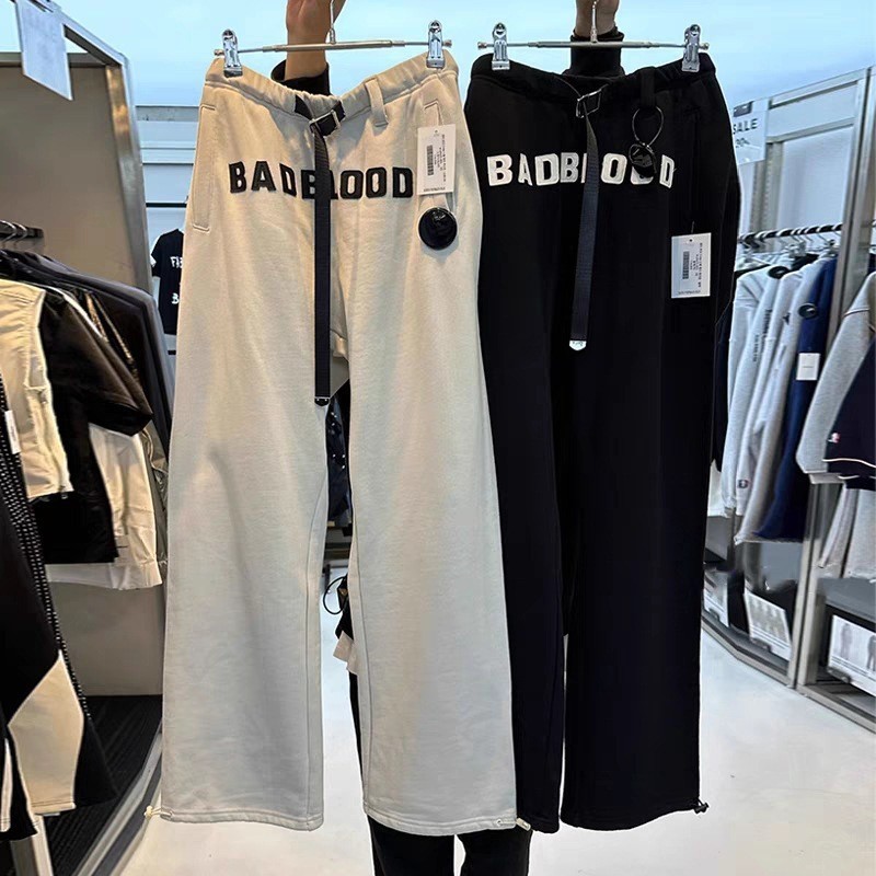Bad Blood American Letter Patch Loose High Waist with Belt Sports Casual Pants