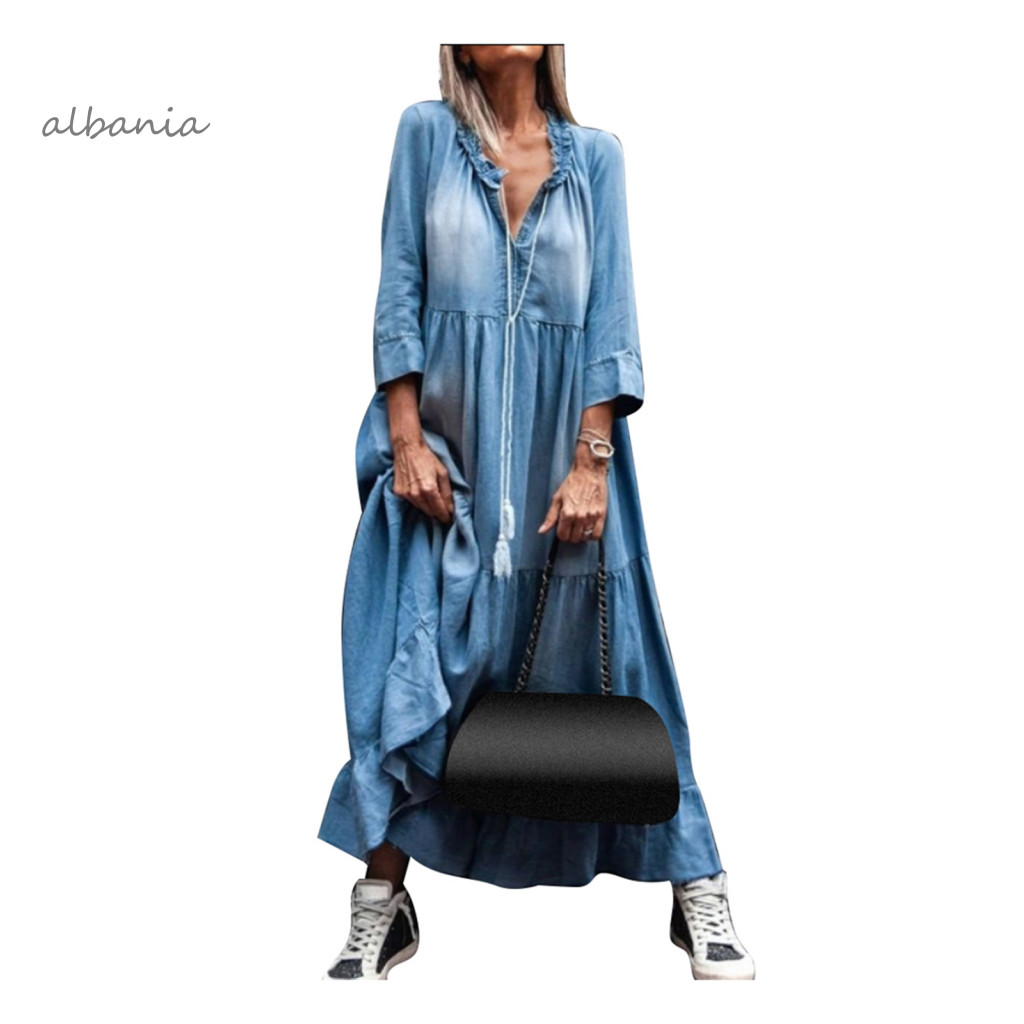 < Alb > Vintage Nữ Ren Cổ Chữ V 3 / 4 Tay Lớn Tua Rua Đầm Maxi Denim