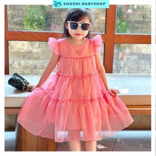 Váy đầm tơ ánh màu hồng tầng dáng suông Sofia tay cánh tiên cho bé gái Sofia M1984 8 tới 40kg SHUSHI