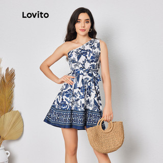 Đầm Lovito cột dây phối màu tương phản thiết kế không đối xứng họa tiết Paisley Boho cho nữ LBL08114