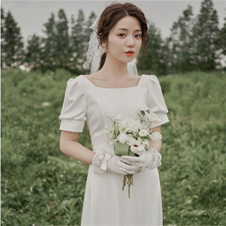 Mori Light Wedding Dress Pháp Đơn Giản Siêu Cổ Tích Du Lịch Chụp Gạc Cổ Trắng Giấy Chứng Nhận Đăng Ký Satin Hàng Ngày Đầm Nhỏ