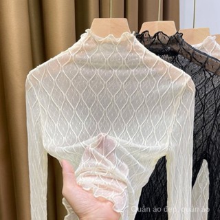 Phong Cách Mới Nấm Cạnh Ren Đáy Áo Sơ Mi Nữ Dài Tay Mỏng Phong Cách Thu Đông Cổ Cao Phong Cách Phương Tây Gạc Bên Trong Quần Áo Gạc Trong Suốt Áo Sơ Mi Nhỏ Nữ JHVD