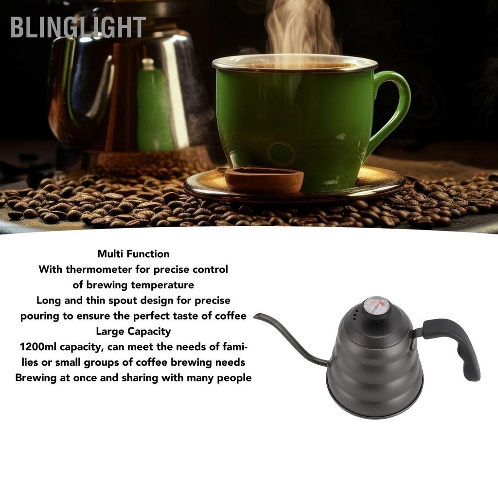 Blinglight Ấm đun nước cà phê 1200ml cổ ngỗng bằng thép không gỉ đổ qua nồi có nhiệt kế cho bếp điện từ