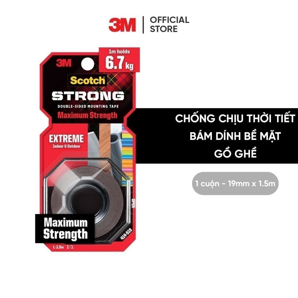 Băng keo hai mặt 3M™ Scotch®, siêu dính, độ bền cao, dính tốt trên bề mặt được sơn, 1 cuộn, Dùng trong nhà và ngoài trời