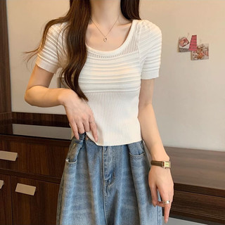Áo thun dệt kim mùa hè Phong cách mới Slim-fit Trắng tay ngắn kiểu Pháp ngọt ngào Kn