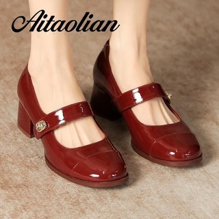 Da thật chính hãng 4cm giày cao gót nữ thời trang phong cách anh giày da retro nữ loafers vuông da mềm đỏ