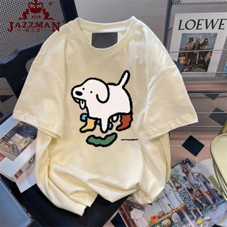 Áo thun ngắn tay in hình chú chó con thực sự dễ thương Mùa hè Cotton nguyên chất Phong cách mới dành cho sinh viên Áo nửa tay dáng rộng I6BL