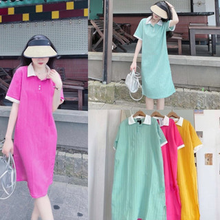 Váy V51, Đầm Polo Suông Chất Đũi Gân From Rộng Bầu Mặc Xinh