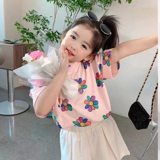 Bé gái mới dễ thương lưới đỏ hoa in hình áo thun rời tay ngắn áo thun giữa và lớn trẻ em áo
