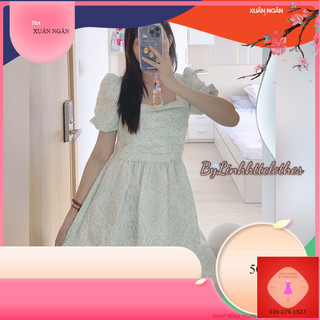 Váy gấm vân hoa cổ vuông tay phồng babydoll dáng dài XN