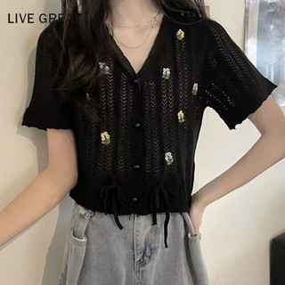 Live GREA Áo thun nữ thời trang giản dị Xiaoxiangfeng cổ chữ V cổ rỗng cổ cao lưng ngắn tay