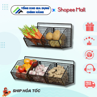 Kệ lưới đựng gia vị, hành tỏi 2 ngăn 3 ngăn để đồ treo hoặc dán tường đa năng tặng kèm móc,kệ lưới sắt đen sơn tĩnh điện