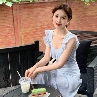Đầm Hoa Xanh Pháp Lãng Mạn Bay Tay Áo Đi Biển Ngày Lễ Dài Cho Nữ