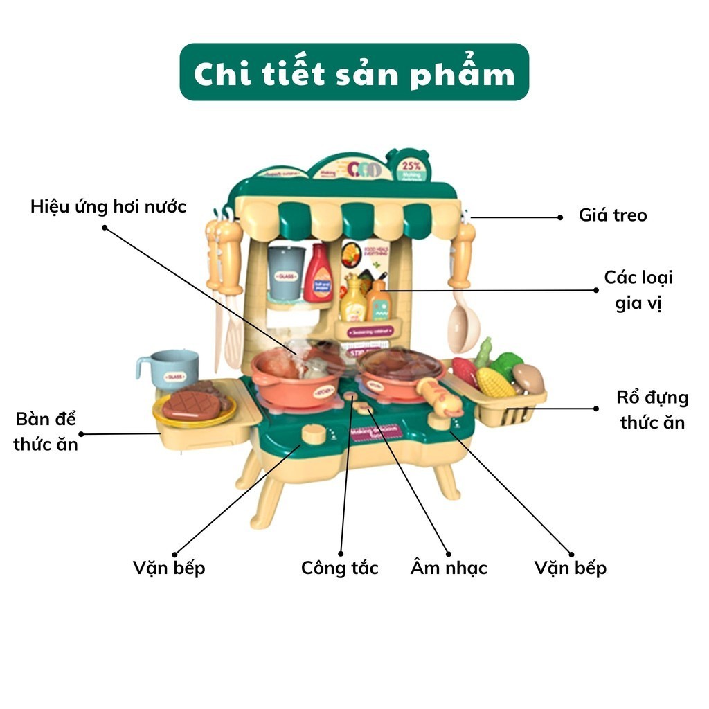 Đồ chơi bếp nấu ăn cho bé, hiệu ứng hơi nước, 23 chi tiết, đồ chơi nhà bếp mini